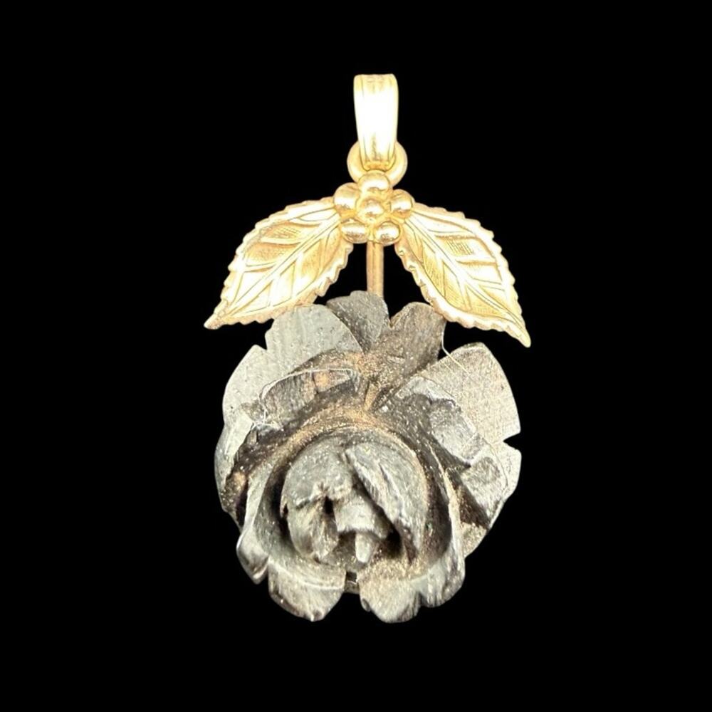 Vintage VAN DELL Gold Leaf and Black Oak Rose Pendant Necklace 12k GF